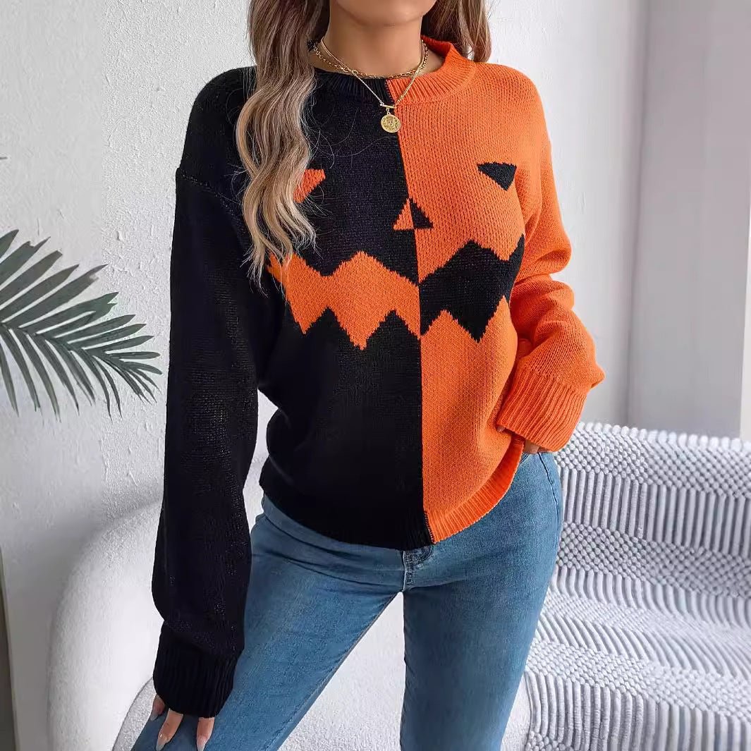 Halloween Couleur contrastée Pull Pull Mode À Manches Longues Tricoté Hauts Pour Femmes Vêtements - Ivory Deals Market