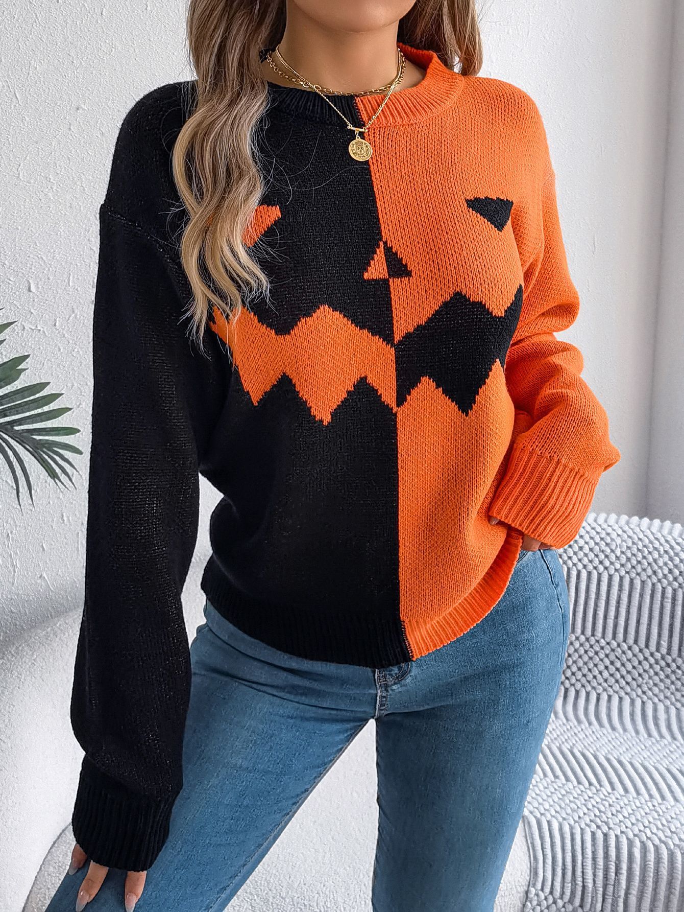 Halloween Couleur contrastée Pull Pull Mode À Manches Longues Tricoté Hauts Pour Femmes Vêtements - Ivory Deals Market