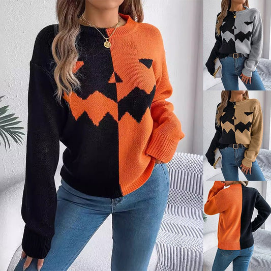 Halloween Couleur contrastée Pull Pull Mode À Manches Longues Tricoté Hauts Pour Femmes Vêtements - Ivory Deals Market