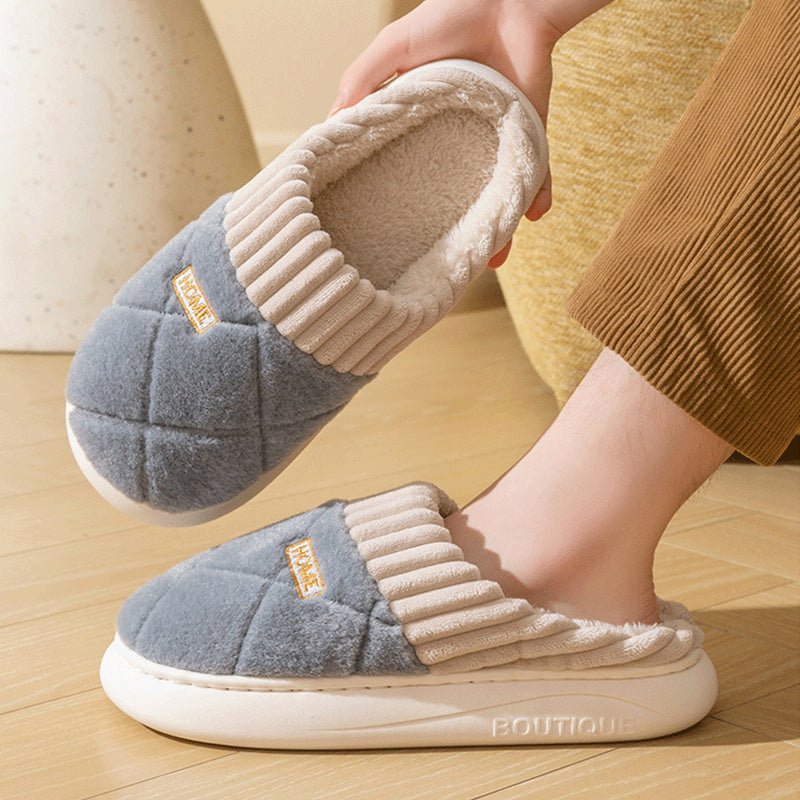 Hommes Couture Rhombic En Peluche Pantoufles Hiver Chaud Antidérapant Chaussures De Maison Pour Femmes Chambre Sol Maison Pantoufle Couple - Ivory Deals Market