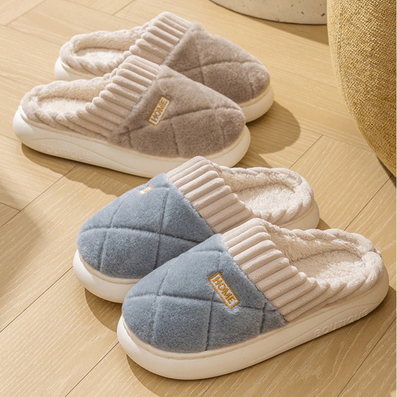 Hommes Couture Rhombic En Peluche Pantoufles Hiver Chaud Antidérapant Chaussures De Maison Pour Femmes Chambre Sol Maison Pantoufle Couple - Ivory Deals Market