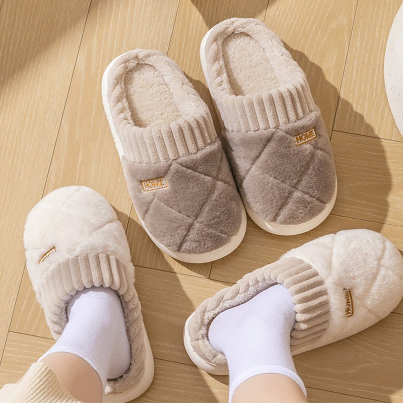 Hommes Couture Rhombic En Peluche Pantoufles Hiver Chaud Antidérapant Chaussures De Maison Pour Femmes Chambre Sol Maison Pantoufle Couple - Ivory Deals Market