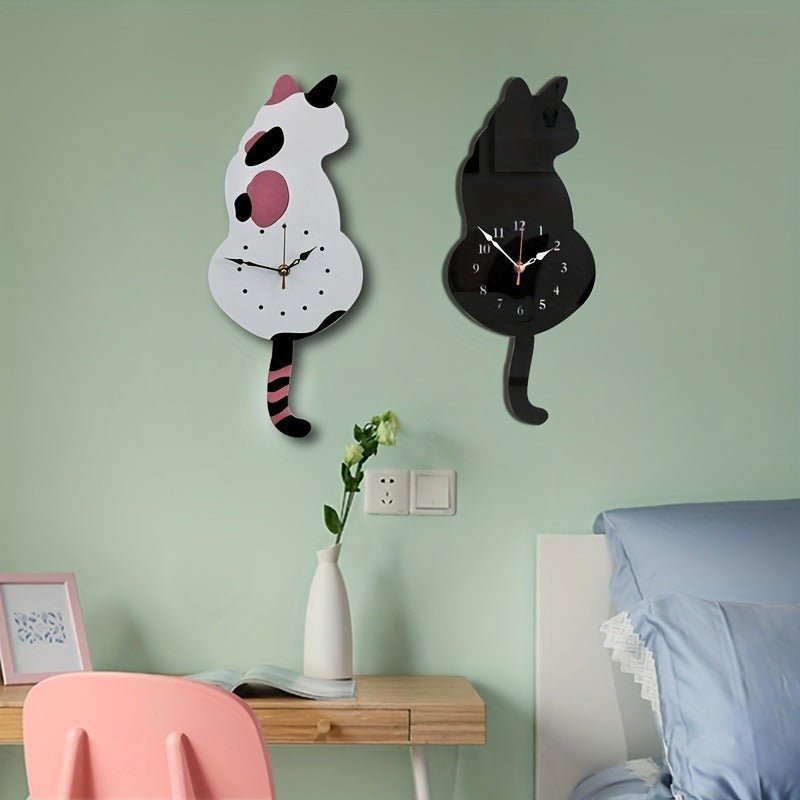 Horloge murale à pendule de chat noir fantaisiste avec décoration amusante et unique pour le salon et la chambre à coucher - Ivory Deals Market