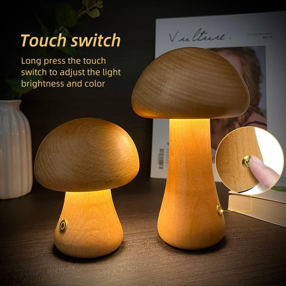 INS Champignon mignon en bois avec lumière LED et interrupteur tactile Lampe de chevet pour la chambre à coucher des enfants Décoration de la maison - Ivory Deals Market