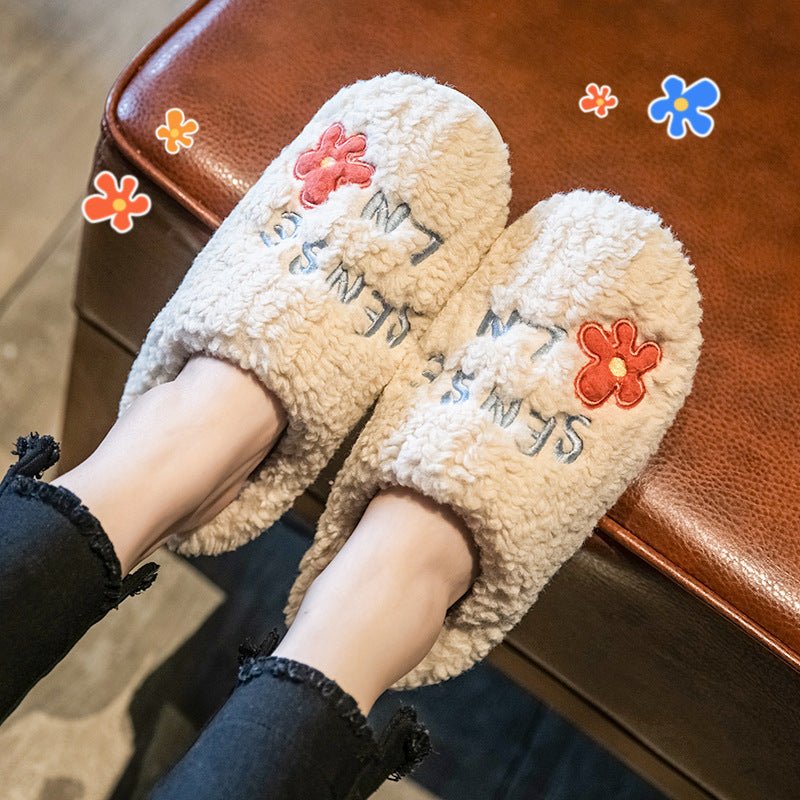 Ins Mignon Fleur Polaire Pantoufles Hiver Chaud Chambre Sol Pantoufles Intérieur Antidérapant Chaussures En Peluche Pour Femmes - Ivory Deals Market