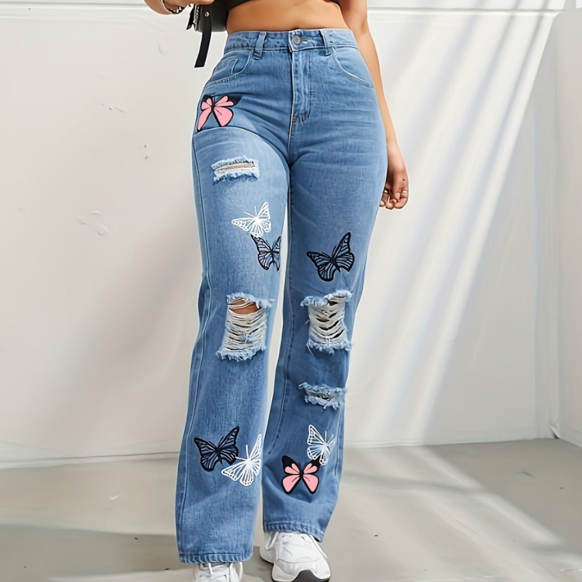 Jeans à jambes droites taille haute pour femmes, pantalons en denim déchirés avec imprimé papillon | tendance - Ivory Deals Market