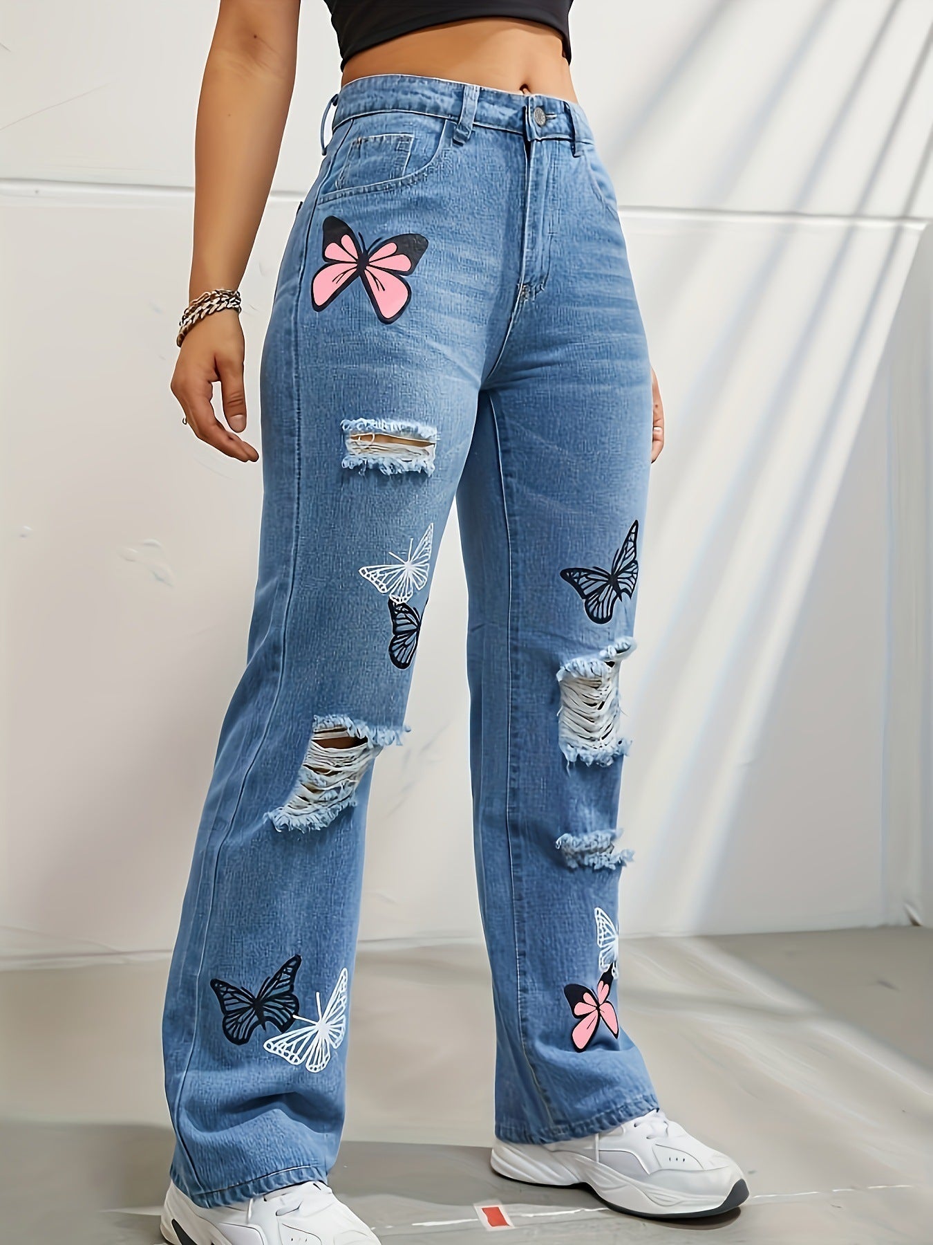 Jeans à jambes droites taille haute pour femmes, pantalons en denim déchirés avec imprimé papillon | tendance - Ivory Deals Market