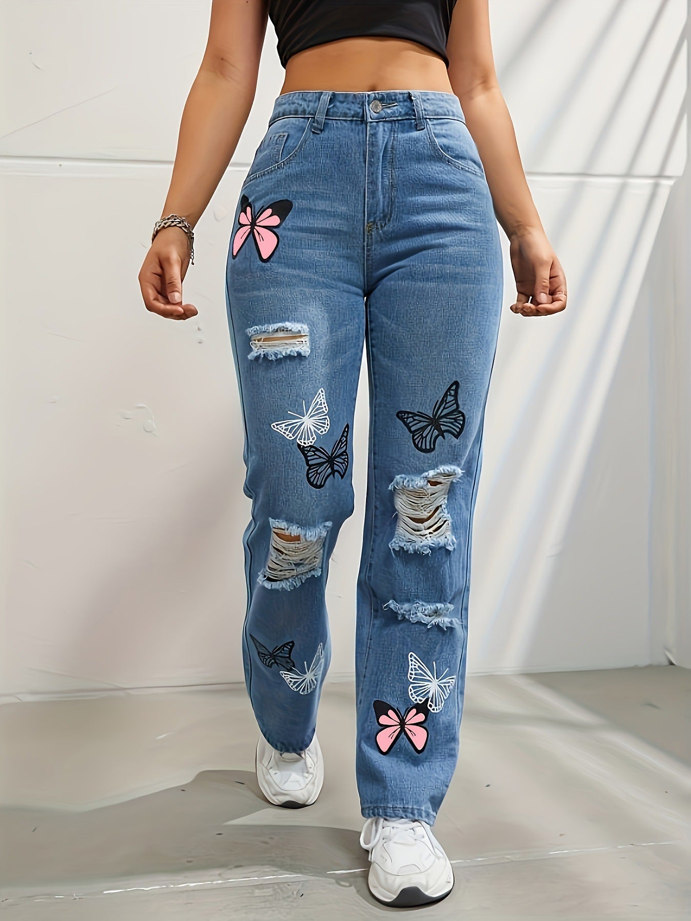 Jeans à jambes droites taille haute pour femmes, pantalons en denim déchirés avec imprimé papillon | tendance - Ivory Deals Market