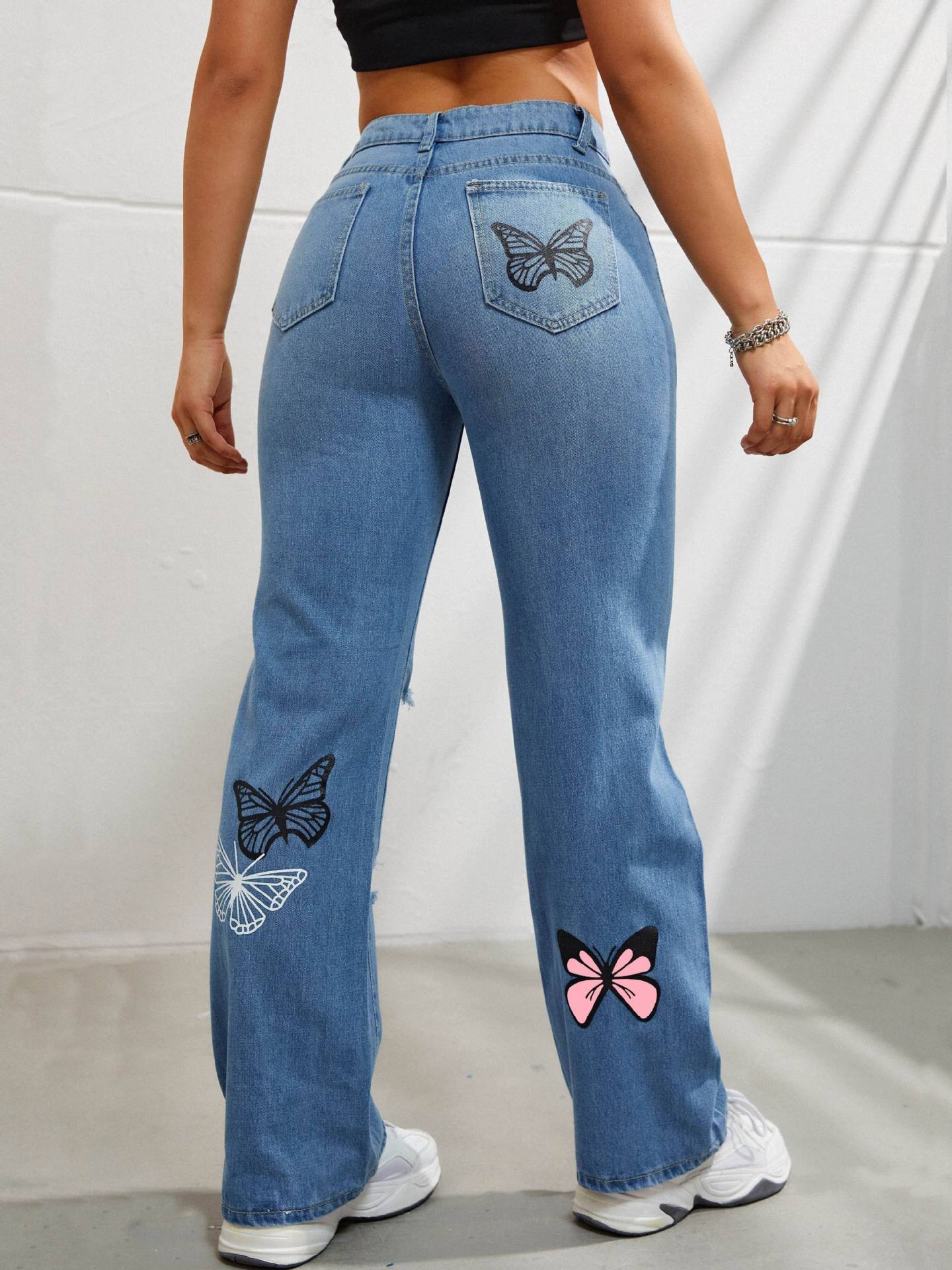 Jeans à jambes droites taille haute pour femmes, pantalons en denim déchirés avec imprimé papillon | tendance - Ivory Deals Market