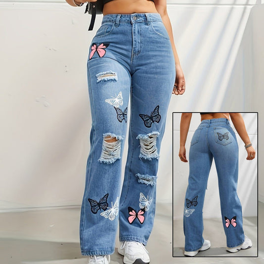 Jeans à jambes droites taille haute pour femmes, pantalons en denim déchirés avec imprimé papillon | tendance - Ivory Deals Market