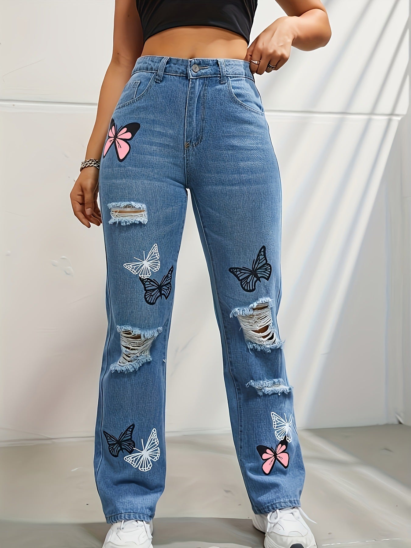 Jeans à jambes droites taille haute pour femmes, pantalons en denim déchirés avec imprimé papillon | tendance - Ivory Deals Market