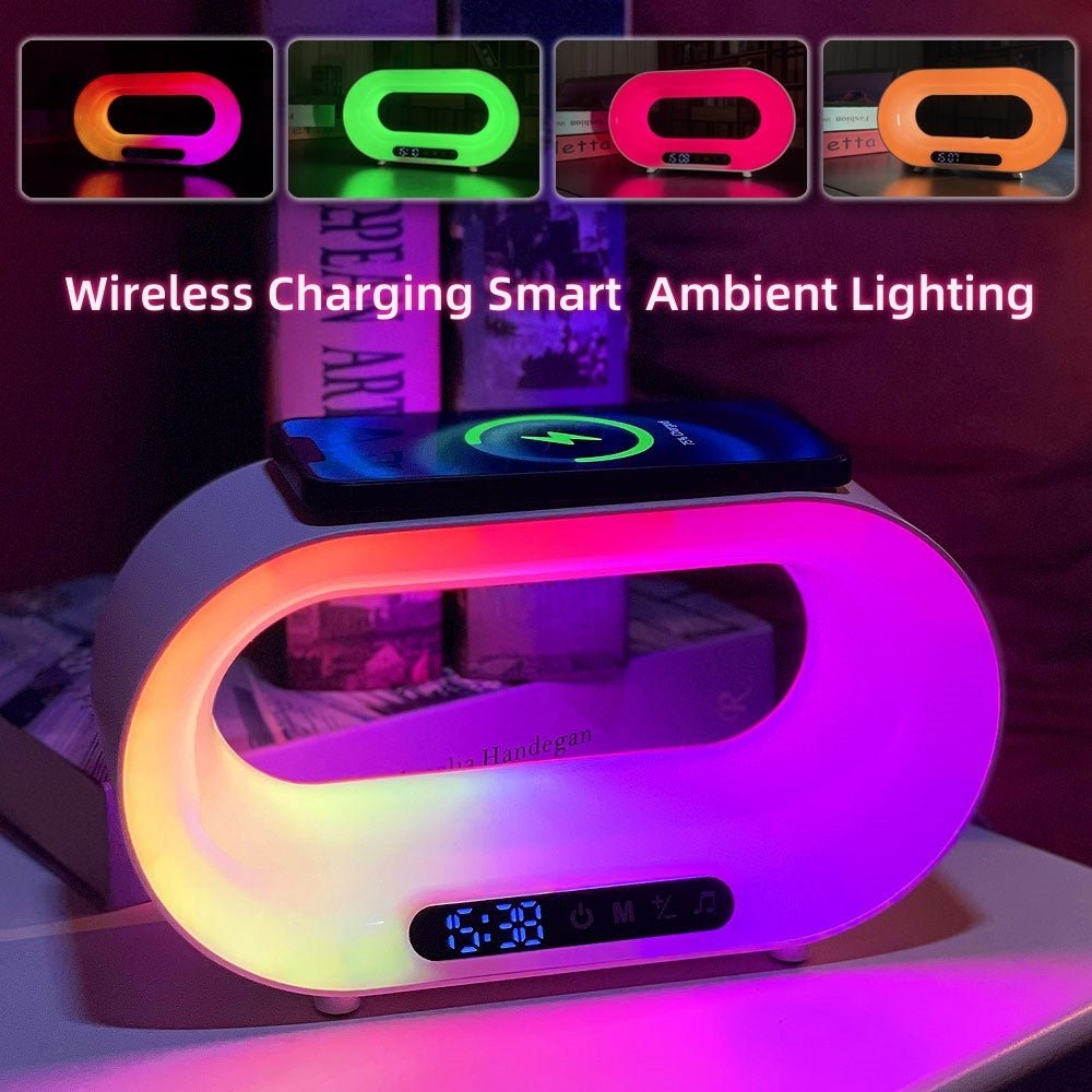 Lampe de bureau intelligente multifonctionnelle à contrôle d'application, avec lumière LED 3 en 1, chargeur sans fil et réveil, à atmosphère RGB - Ivory Deals Market