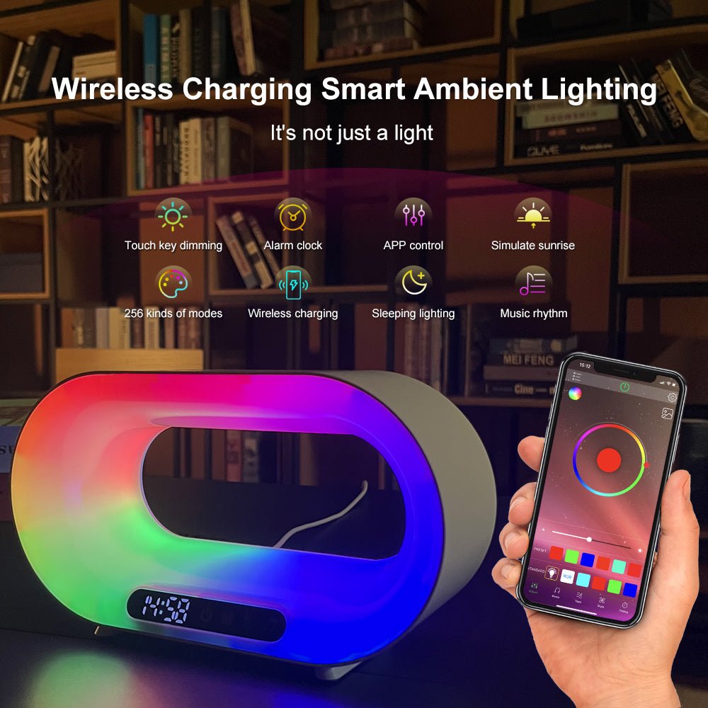 Lampe de bureau intelligente multifonctionnelle à contrôle d'application, avec lumière LED 3 en 1, chargeur sans fil et réveil, à atmosphère RGB - Ivory Deals Market