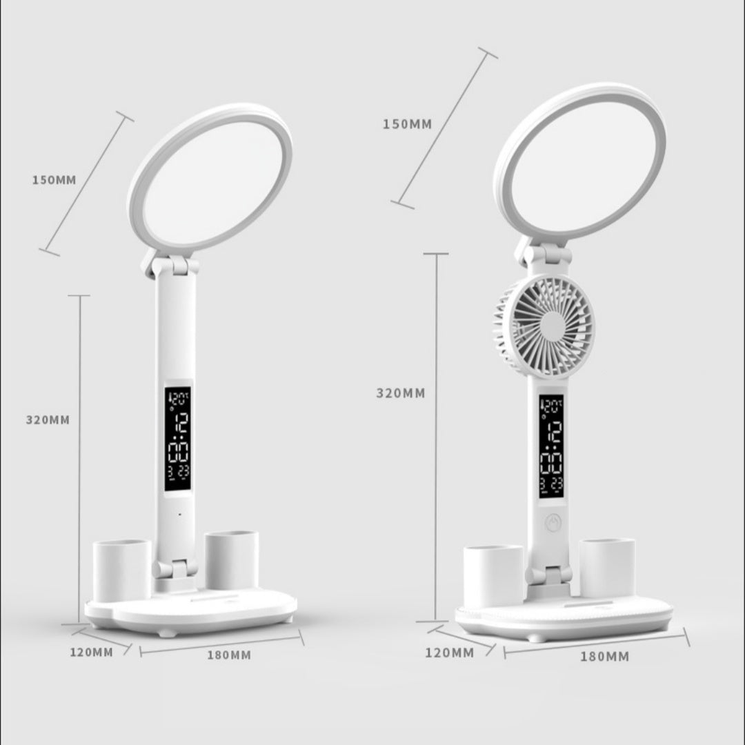 Lampe de table à horloge à LED, rechargeable par USB, lampe de bureau dimmable, ventilateur LED à brancher, pliable, lumière de lecture pour la protection des yeux - Ivory Deals Market