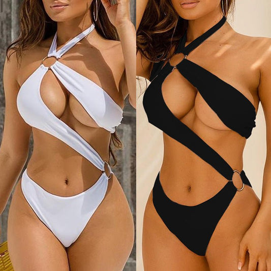 Maillot de bain sexy une pièce à trois couleurs avec des anneaux métalliques et des bretelles ajourées. - Ivory Deals Market