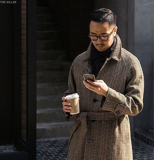 Manteau en laine à motif pied - de - poule pour homme élégant - Ivory Deals Market