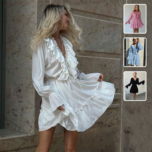 'Robe à manches longues plissées à volants en V et à encolure en V pour femmes - Ivory Deals Market